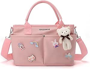Diaper Bag Baby Tote Large Capacity Baby Changing Bag with Insulated Pockets Stroller Straps, Bear Pendant