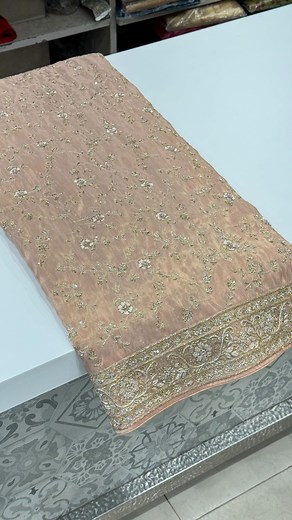 Pink Tissue Crepe x Zardosi Embroidery. This is a piece of grandeur and intricate hand embroidery. Pure Zardosi work with a hint of sequins on tissue crepe makes it a heirloom. Inspired by the mughal embroidery who brought this embroidery in the Indian Subcontinent. Today we see these samples done in pure gold and silver zari in museums. Fall in love with the rich heritage and classic hand work. Available on our website. #Saree #Sarees #SareesUSA #SareeUSA #SareesCanada #Zardosi #ZardosiWork #Za