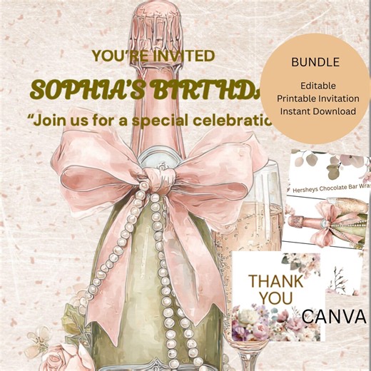 Champagne Birthday Invitation for Her, Elegant Floral Printable, Adult Bday Celebration, Happy Birthday Champagne Invite, Instant Download - Etsy