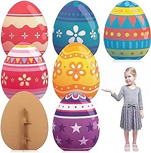 Skyygemm 6 Pcs Easter Egg Stand Ups Set 2.3 Feet Tall Egg Cardboard Cutout Multicolored Signs Springtime Party Decorations for Easter Party Yard Home Decor Photo Props Supplies