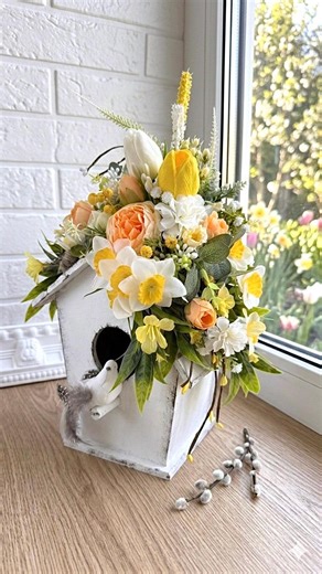 Handmade Spring Flower Arrangement | Easter Home Decor | Decorative Birdhouse - Etsy