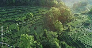 Aerial view of beautiful tea farm in the Mountain in Pujiang Sichuan China. Above view of fresh tea terraced fields in spring day 4k drone nature footage