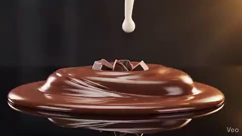 Cadbury Dairy Milk chocolate ad conceptVeo 3.1 JSON prompt:{ "description": "A cinematic dark studio shot opens with rich melted chocolate flowing slowly across a glossy surface under warm lighting. The liquid chocolate forms smooth waves while small chunks of chocolate rise upward in slow motion. The pieces swirl together in a spiral, forming the exact shape of a wrapped chocolate bar. A stream of creamy milk pours from above and mixes with the chocolate, creating a smooth silky texture. The wr