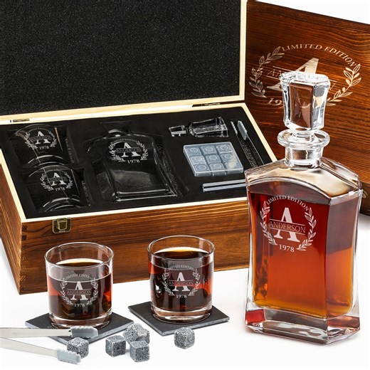 Personalized Whiskey Decanter Set: Engraved Glasses, Granite Stones, Wooden Box - Etsy
