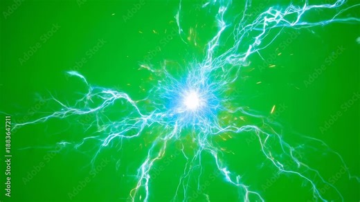 Growing blue energy ball and branching electrical lightning storm effect on a green screen for digital composition