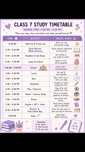 Class 7 Daily Study Timetable 📚 | Best School Routine (7 AM – 3 PM) | Student Study Schedule 2026