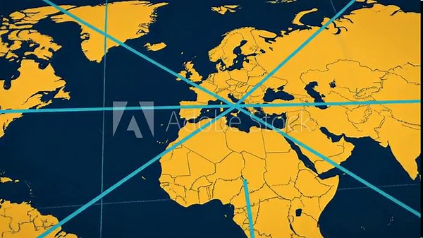 Animated map of Europe with dynamic blue lines tracing routes across countries, suggesting travel or data flow, set against yellow landmasses and dark oceans.
