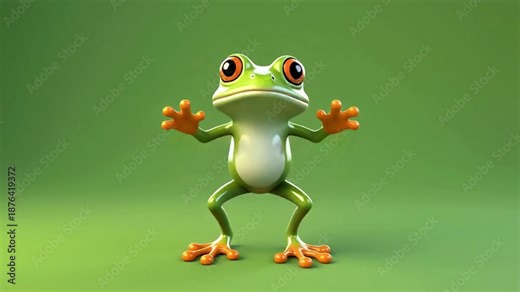 A cartoon frog dances joyfully, bending its knees and bouncing to an upbeat rhythm in a vibrant green environment.