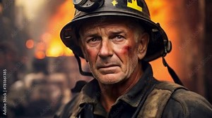 Experienced Firefighter in Helmet and Gear with Flames in Background