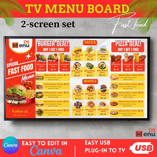 Animated Fast Food TV Menu Board Template, Editable Canva Digital Restaurant Slideshow - Etsy