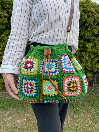 Crochet Drawstring Bag, Granny Square Boho Bag, Handmade Colorful Bucket Bag, Knitted Shoulder Bag, Summer Festival Purse - Etsy