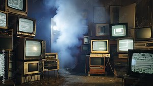 Eerie abandoned room filled with vintage television sets emitting ghostly blue light, atmospheric scene of obsolete technology. Retro electronics graveyard