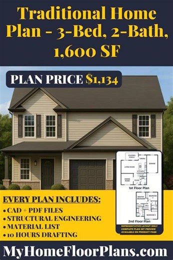Traditional Home Plan - 3-Bed, 2-Bath, 1,600 SF