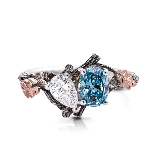 Twig and Oak Leaf Engagement Ring: Blue & White Diamond, 14k Gold - Etsy