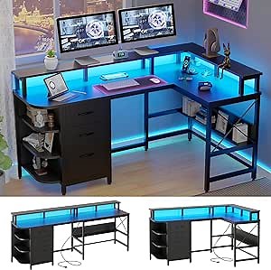 Vabches L Shaped Computer Desk with LED Lights and Power Outlets, Reversible L Shaped Gaming Desk with 3 Drawers Hutch Monitor Stand, Home Office Desk with USB Port