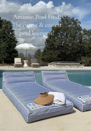 Amazon pool find! The coziest pool float loungers! These are so comfy and so cute! I love the stripe design! They will also keep you dry while floating in the pool!🌴 Perfect for summer time relaxing!☀️ #outdoorliving #backyardvibes #amazonmusthaves #outdoorentertaining #poolideas #poolparty #backyardoasis #amazonoutdooor #summerparty #summervibes