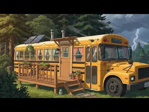 Thunderstorm Night in Our Converted School Bus | Pacific Northwest Forest | Ghibli-Style Video