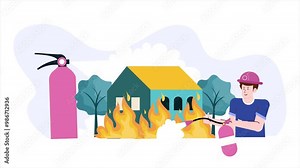 a firefighter using a fire extinguisher to put out a house fire illustration animated video