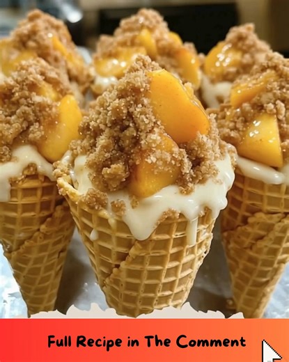21K views · 329 reactions | Peach Cobbler Cheesecake Cones Ingredients For the Cones: 12 waffle cones or sugar cones 1/4 cup melted butter 2 tablespoons brown sugar 1/2 teaspoon ground cinnamon ......  Full Recipe in Coʍmеոτ  | Food and drink | Facebook