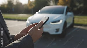 Person controls a self-driving electric car using mobile application. Autonomous autopilot driverless car. Smartphone app. Sensor scanning road ahead for vehicles, danger, speed limits.