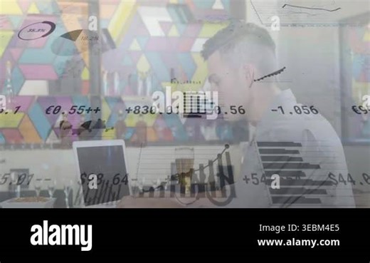 Man typing laptop, generating analytics charts and percent while checking phone and completing task. Freelancer, cafe, coworking, graphs, metrics, mural, colorful Stock Video Footage - Alamy