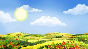 Bright Cartoon Spring Landscape with Flying Butterflies