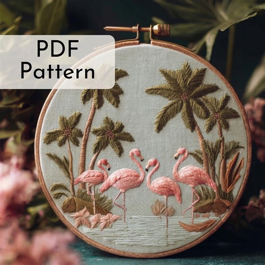 Flamingo Embroidery Pattern: Exotic Jungle Decor, Vintage Tropical Style, Pink Birds, 6 Hoop Sizes - Etsy
