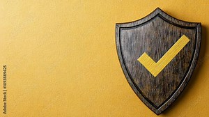 Wooden Shield with Yellow Check Mark on Secure Yellow Background for Enhanced Security