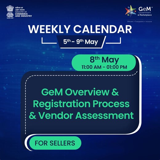 2.1K views · 4 comments | GeM Weekly #TrainingCalendar is Here! ️ Whether you're a buyer or a seller, GeM has FREE online training sessions tailored just for YOU. Learn to navigate GeM like a pro with our exciting lineup of sessions. Check out our entire schedule on https://gem.gov.in/training and join the WebEx link given there! Department of Commerce, GoI #GeMIndia #TrainingwithGeM #GeMTraining #freeonlinetraining | Government e Marketplace GeM | Facebook