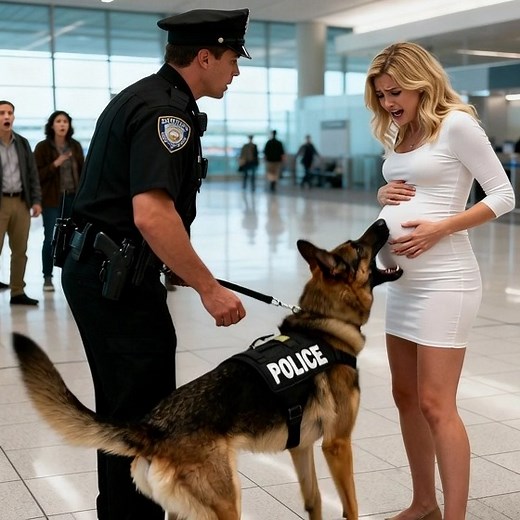 A dog barks frantically at a pregnant woman in an airport—and the truth security uncovers is staggering…😱 Officer Daniel Harper turned sharply toward the sound echoing through the crowded terminal of Red Hollow International Airport. His K9 partner, a five-year-old Belgian Malinois named Rex, stood rigid, barking with a force Daniel had never heard before. The dog’s focus was locked on a tall blonde woman walking slowly through the security gate, one hand supporting her visibly pregnant belly. 