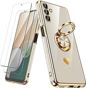 for Samsung Galaxy A13 5G/A04S Case with 2 Pack Screen Protector, 360° Rotatable Ring Holder [Luxury Hearts Pattern] Plating Gold Edge Slim Soft Phone Cover Case for Galaxy A13 - White