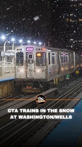 CTA Pink Line and Purple Line trains are seen arriving at Washington/Wells Station on a snowy night in downtown Chicago, IL. This station was opened in 1995 as a replacement for two former stations, Randolph/Wells and Madison/Wells. Passengers can board Brown Line trains on the Outer Loop Track or Orange Line, Purple Line and Pink Line trains on the Inner Loop Track. The station also offers bus connections to Routes J14, 20, 37, 56, 60, 124 and 157. | Trainiac Productions