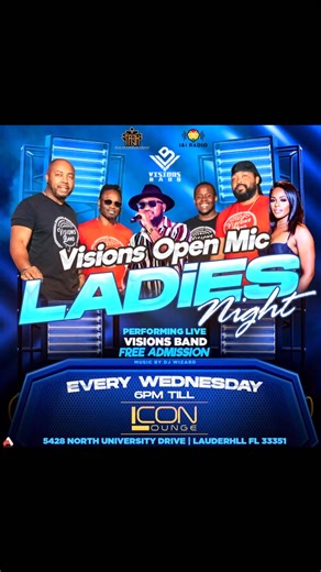 Visions Band on Instagram: "Tonight!! VISIONS BAND performance at ICON LOUNGE , Lauderhill Florida 8-2 am Music by DJ Wizard Sing along with Visions Band tonight .. Open Mic .. Ready Up !! . . @visionsbandfla @iconrestaurantandlounge @cityoflauderhill @openmicwednesdays @ladiesnightspecials @tajhmultimeda @djwizardmiami @marlon27f @south_fla_entertainers @iandiradio.fl"