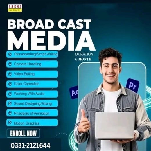 🎬 Step Into the World of Broadcast Media! 📷💥 Unleash your creativity and build a professional career in media production with Arena Multimedia’s Broadcast Media Course 🌟 📚 Course Duration: 6 Months 💡 You’ll Learn: ✅ Storyboarding & Script Writing ✅ Camera Handling ✅ Video Editing ✅ Color Correction ✅ Working with Audio ✅ Sound Designing & Mixing ✅ Principles of Animation ✅ Motion Graphics 💻 Hands-on training with industry-standard tools like Adobe Premiere Pro, After Effects, and more! 🚀
