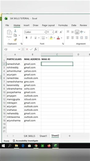 📧 Create Email IDs in Excel!=A1&"@"&B1 ⚡ | SJK Skills #ExcelShorts