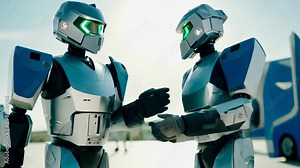 A slow-motion pan captures a robot walking and talking, emphasizing their coordinated teamwork. background activity continues at normal speed, highlighting focused robot interaction under natural