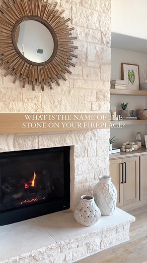 I am often asked what the name of the stone is on our fireplace, so here it is! Austin Stone with white sand mortar! ✨ we love it SO much! Really adds texture and warmth to the space! Follow me on IG for more: @christinchavoya . . . . . #stonefireplace #neutraldecor #whiteoakcabinets #whiteoak #customhome #newbuildhome #decoratewithme #tiktokoftheday #homedecortiktok #fyp #howidecorate #decortok