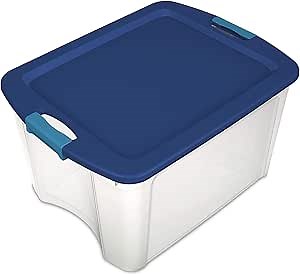 Sterilite 18 Gal Latch and Carry, Stackable Storage Bin with Latching Lid, Plastic Container to Organize Closets, Clear with Blue Lid, 6-Pack