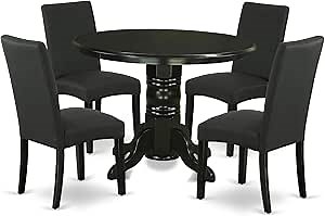 East West Furniture SHDR5-BLK-24 5 Piece Dinette Set for 4 Includes a Round Kitchen Table with Pedestal and 4 Black Color Linen Fabric Upholstered Parson Chairs, 42x42 Inch, Black