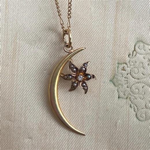 Vintage Victorian Crescent Moon Pendant in 10k Gold With Flower Seed Pearls and Diamond / Gift for Her - Etsy