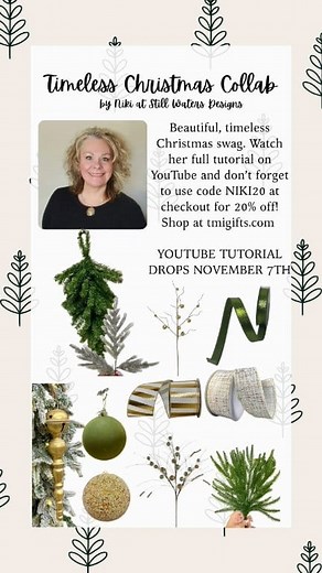 ✨️ CLASSIC CHRISTMAS DOOR SWAG TUTORIAL ALERT! ✨️ ...Dropping over on my Y*Tube channel this Friday, November 7th! MARK YOUR CALENDARS & design along with me! You can find all of the items we'll be using at TMIGIFTS.COM. Be sure to use my code NIKI20 for 20% off your orders! See you then! 💕 Ps - replays will be available if you aren't able to join on Friday. #wreathmaking #christmaswreath #crafty #christmasdecorating #wreathsforsale | Still Waters Wreath Designs
