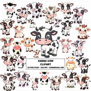 Kawaii Cow Clipart, Cute Cartoon Farm Animal PNG, Happy Smiling Baby Calf Face Clip Art, Adorable Printable Digital Download Set Bundle - Etsy