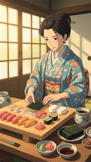Japanese Woman Making Sushi in Kimono 🍣 | Ghibli Style AI Video#ghiblistyle #anime #shorts