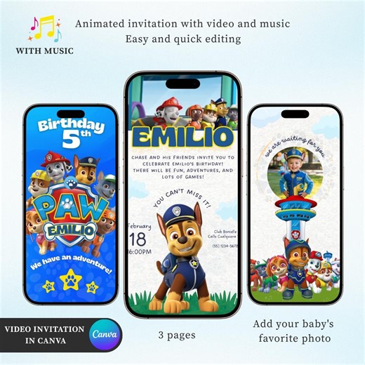 Paw Patrol Birthday Video Invitation With Photo | Animated Canva Template With Music | Editable MP4 Puppy Party Invite for Whatsapp - Etsy