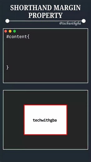 👨‍💻 HTML | CSS | JavaScript | Python🐍 on Instagram: "👉Shorthand margin property in css . Most important topic in css . 🟢 Follow @techwithgba for Web Development & Game Development tips, tricks & tutorials 😍 🟡 Don’t forget to LIKE ❤️ | SHARE 🤝 | FOLLOW 🔔 ✨ Topics we cover: Frontend • Backend • Fullstack • Web Design • Web Development • HTML • CSS • JavaScript • Animations • Coding Hacks • Developer Tips 🚀 Making coding simple, fun & easy to learn! 👉 If this reel helped you, LIKE ❤️ 👉 