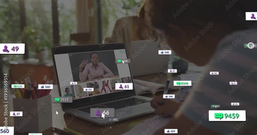 Teacher starting class, child writing at laptop to learn while like icons clustering around laptop