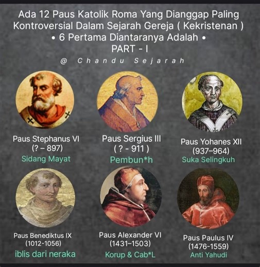 Ada 12 Paus Katolik Roma Yang Dianggap Paling Kontroversial Dalam Sejarah Gereja ( Kekristenan ) 6 Pertama Diantaranya Adalah, Disertai penjelasan singkat serta rujukan sejarah. Saya susun secara kronologis agar jelas bahwa kontroversi ini bukan propaganda, tetapi fakta yang dicatat sejarawan Barat sendiri. ■ 1. Paus Stephen VI ( Paus Stefanus VI ) ( ? - 897 M ) Sinode Mayat (Cadaver Synod) Mengadili mayat Paus Sebelumnya. Masa Kepausan - 896 – 897 M. Kontroversi - Menggali jasad Paus Formosus y