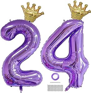 Purple 24 Number Balloon 40 inch Jumbo Foil Balloons with Detachable Crown Foil Prom Balloon for 24th Birthday Party Decoration 24 Wedding Anniversary Photos Props Supplies