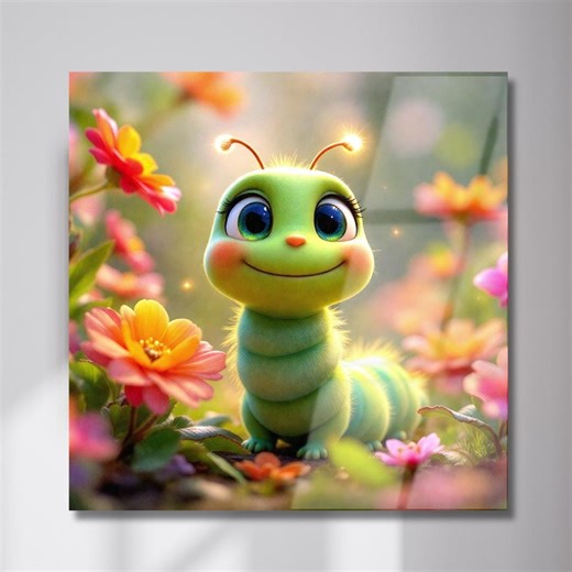 Colorful Caterpillar Tempered Glass Wall Art, Art Print for Nursery, Kids Wall Decor with Flowers, Bug-Inspired Baby Room Illustration