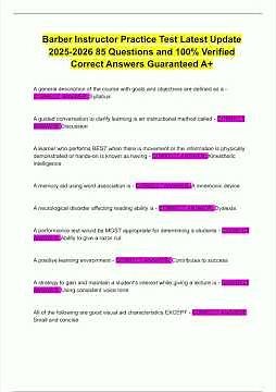 Barber Instructor Practice Test Latest Update 2025 2026 85 Questions and 100 Verified Correct Answer